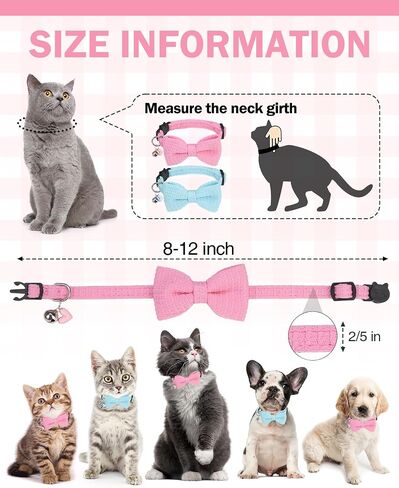 Breakaway Cat Collar with Bell & Bow Tie - 2 Pack Adjustable Safety Kitten Collars (8-12 inch) - Cute Pink Blue Bowtie Collars for Girl Boy Cats Puppies, Waffle Cotton Design in Kuwait