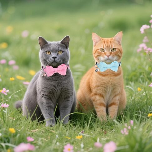 Breakaway Cat Collar with Bell & Bow Tie - 2 Pack Adjustable Safety Kitten Collars (8-12 inch) - Cute Pink Blue Bowtie Collars for Girl Boy Cats Puppies, Waffle Cotton Design in Kuwait