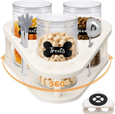 360 ° دوار الكلب علاج حاوية محكمة الإغلاق منظم الكسول سوسان الخشب ، 3 عبوة الكلب تخزين الغذاء حاوية كونترتوب 3.8x7 ، حامل علاج الكلاب لعلاج الكلاب التخزين ، الملصقات ، الملعقة ، الطعام تونغ ، قلم in Kuwait