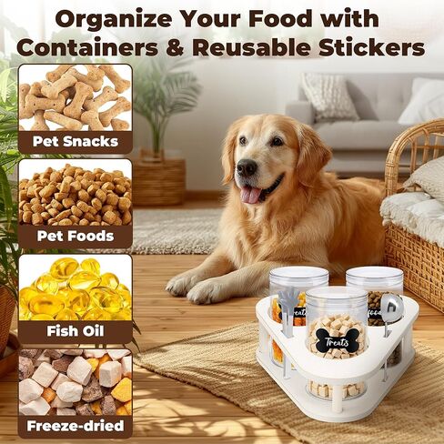 360 ° دوار الكلب علاج حاوية محكمة الإغلاق منظم الكسول سوسان الخشب ، 3 عبوة الكلب تخزين الغذاء حاوية كونترتوب 3.8x7 ، حامل علاج الكلاب لعلاج الكلاب التخزين ، الملصقات ، الملعقة ، الطعام تونغ ، قلم in Kuwait
