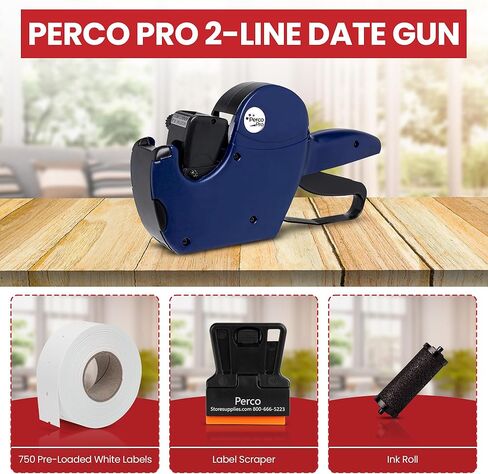 مجموعة ملصقات Perco Pro 2 Line Price Gun - تتضمن مسدس تسعير خطين، و10,500 ملصق أبيض عادي، وحبر محمل مسبقًا in Kuwait