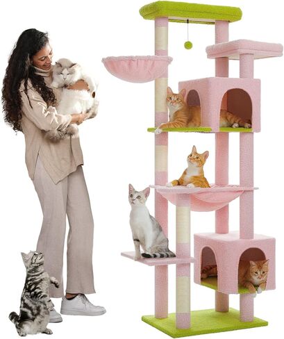 PETEPELA 69" Tall Cat Tree for Indoor Large Cats, Cat Tower for Adult Cats with Big Hammock, Cat Climbing Tree Tower with Scratching Posts, Condo House and Large Top Perch, Beige in Saudi Arabia