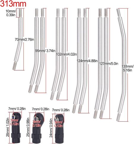 scx10 Links,10Pcs Stainless Steel Links Rod Set with Ball End 313/324mm Wheelbase for 1/10 RC Crawler Car Axial SCX10 TRX4 Upgrade Parts (313mm) in Saudi Arabia