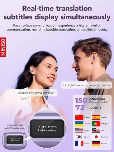 MINISO AI Translation Earbuds Real Time with 150 Languages, 3-in-1 Language Translator Earbuds with LCD Touchscreen, Bluetooth 6.0, APP Control, Fit iOS & Android, HD Sound, Ideal for Travel Business in Saudi Arabia