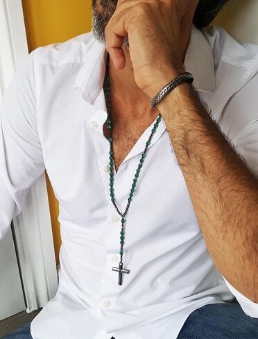 Necklace for Men Natural Stone Bead Necklace for Men Tiger Eye Healing Crystals Bead Cross Necklace Jewelry in Saudi Arabia