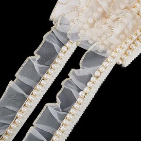 PH PandaHall 5 Yards White Ruffle Pearl Trim Chiffon Lace 1.5 inch Pleated Lace Ribbon, Organza Fabric Lace Edge Trim Beaded Ribbon for Sewing Wedding Dress Home Deco Skirts Gift Wrapping