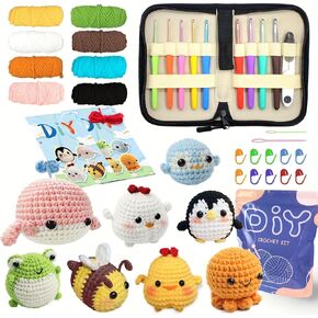 YAMAXIN Crochet Kit for Beginners with 9 Hooks (2.0–6.0mm), 8 Animal Patterns & Yarn – Learn to Crochet Starter Set with Tools & Case – Amigurumi DIY Craft Kit for Adults & Kids