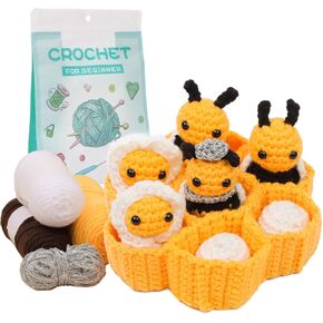 CHOUYUHE Beginner-Friendly Crochet Kit | Create a 3D Bee Hive & 7 Bees (Baby Bees + Larvae) | Step-by-Step Video Tutorials + Expert Support | Easy Complete DIY Craft Set in Yellow & Black