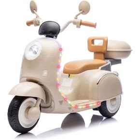 Upgrade 2 Seats Kids Motorcycle, 12V Ride On Electric Car with 2 Motors, Kid's Motorbike with USB, Bluetooth, Waterfall Light, Storage Box, Motorcycle for Kids Aged 3+, Beige