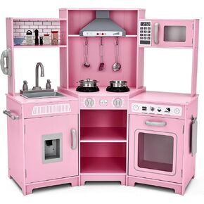 JOYLDIAS Kids Play Kitchen,Corner Wooden Pretend Toddler Kitchen Toys Playset with Realistic Lights & Sounds,Microwave Oven,Water Dispenser, Phone, Sink,Cooking Accessories, for Ages 3+, Pink