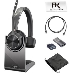 Poly Voyager 4310 UC Wireless Headset & Charge Stand-سماعة رأس واحدة ، يربط PC/MAC/الهاتف المحمول عبر Bluetooth مع USB-C إلى محول و USB C Dongle & USB A-C كيس وتخزين