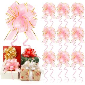 Pull Bows 10 Pcs Gold Bows for Gift Wrapping 6 inch Christmas Bows Large Organza Ribbon Pull Bows for Christmas Wedding Party Flower Decoration Gift Bows Boxes Basket Valentine for Gift Present