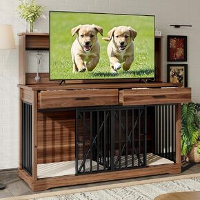 55.1" Double Dog Crate Furniture for Large or 2 Medium Dogs, Heavy Duty Dog Cage Table with 2 Storage Drawers and Shelves, TV Stand Side End Table for 2 Dogs with Divider Locks, Brown