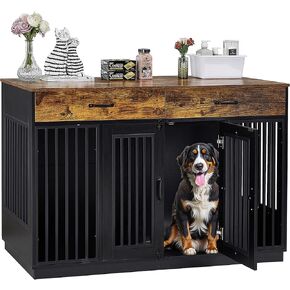 VECELO Dog Crate Furniture for Medium/Large Dogs, Wooden Dog Cage with Drawers, Double Door, Dog Kennel End Table, Brown