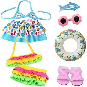 E-TING 8Pcs 18 Inch Doll Beach Bikini Swimsuit Clothes and Swim Ring Flat Sandals Sunglasses Hairclip Swimming Play Sets for 18 Inch Girl Doll