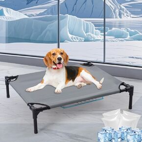 30'' Outdoor Elevated Dog Bed with Four Ice Pack, Raised Dogs Bed with No-Slip Feet, Breathable Cooling Dog Cot Beds Small Medium Size Dogs, Outdoor Pet Hammock Beds, Outside Pet Beds(Small)