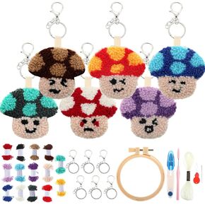 WinnerWhy 6 Pcs Mushroom Punch Needle Kit Adults Beginner Keychain Accessories Punch Needle Embroidery Kit Includes Patterns, Tools, Yarns, Hoop, Instruction, Easy Art Work Decor for Adult