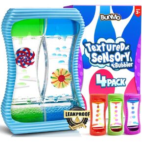 BUNMO Liquid Motion Bubbler Sensory Toy - Calming Fidget Toy for Kids & Adults, Textured Silicone Bubble Timer with Mesmerizing Liquid Flow Sensory Bottles - Large 4 Pack