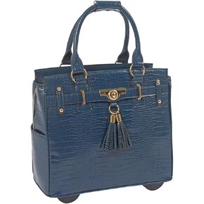 JKM & Company LESS THAN PERFECT Rolling Laptop Bag, Faux Leather Alligator Print, Blue Wheeled Briefcase, 13-17 inch Laptop Case (RIVIERA)