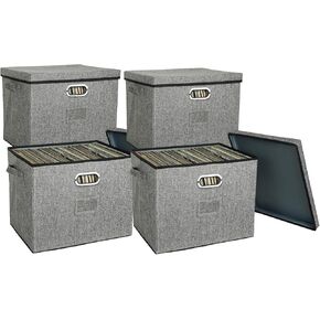 12-Inch Vinyl Record Storage Boxes with Lids and Handles, Stylish and Practical LP Record Organizer for 100+ Single Records, Suitable for Living Room, Study, Concert Hall or Office,4-Pack