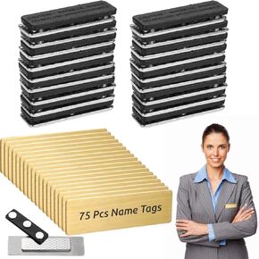 75 Pcs Magnetic Name Tags, Gold Name Badge Holders for Clothes, DIY ID Name Badges with Self-Adhesive Backing, Personalized Name Tags for Uniforms, Shirts, Offices, Schools