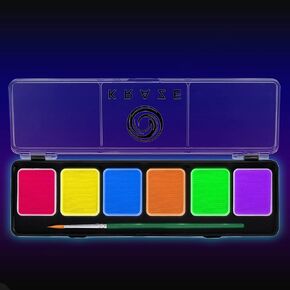 Kraze FX 6 Color Neon Face& Body Paint Palette (6 gram) with Brush - Water Activated, Professional UV Glow Blacklight Reactive Face Painting Kit, Hypoallergenic & Non-Toxic, Safe for Sensitive Skin
