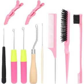 Crochet Hooks for Hair Set with 5Crochet Needles, Edge Brush, Bristle Brush, Rat Tail Comb, 2 Gator Clips