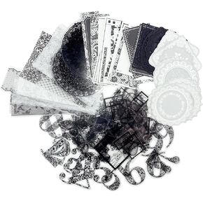 PrettyLife 100PCS Lace Scrapbook Supplies Kit - Black White Mixed Paper and Aesthetic Lace Stickers for Scrapbooking Bullet Junk Journal Planners Mixed Media Collage Card Making