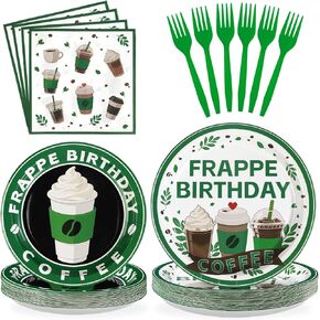 Grencian Green Coffee Birthday Party Decorations - 96pcs Green Summer Summer Iced Coffee Suppory اللوحات والمناديل التي يمكن التخلص منها أدوات المائدة التي يمكن التخلص منها لمجموعة لاتيه عاشق عيد ميلاد ديكورات حفلة