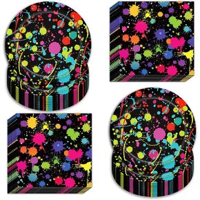 80-Piece Neon Glow-in-the-Dark Disposable Plates & Napkins Set | 7 Inch Fluorescent Colorful Graffiti Party Tableware – Perfect for Birthday Bashes, Neon Themed Gatherings & Glow Parties