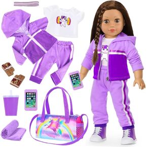 Ecore Fun 18 Inch Doll Clothes and Accessories- Sport Outfit Set, 10 Pcs Girl Doll Clothes Include Sweatshirt Suit, Sport Bag, Headbands ect- Fit Sports Dress up Game