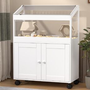 Hamster Cage with Storage Cabinet – Acrylic Panels for 360° Viewing, Ideal for Hamsters, Rabbits, Guinea Pigs, and Hedgehogs, White