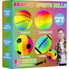 كرات Rainbow Sports للأطفال والأطفال الصغار - (حزمة من 4) مجموعة كرة رياضية Neon Sports 8.5 بوصة تشمل كرة القدم وكرة القدم وكرة السلة وكرات الملعب ، ألعاب ممتعة وخارجية قابلة للنفخ - هدية عيد ميلاد