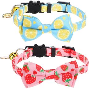 2Pack Breakaway Bowtie Cat Pullars مع جرس اللطيف الليمون الليمون الفراولة الصيفية لطيف القطن المصنوع يدويًا طوقًا قابل للتعديل