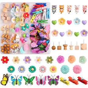 Decorative Push Pins Flower and Heart & Butterfly Thumb Tacks Wooden Pin Clips Board Tacks Assorted Cute Cat Push Pin Clips for Cork Board Wall Cubicle Accessories for Home Office (87 PCS)