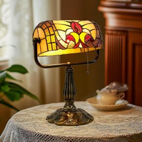 Vintage Tiffany Style Bankers Lamp - Stained Glass Desk Lamp with Pull Chain, Dragonfly Design Table or Desks Light LED Bulb Included, Bankers Desk Lamps for Office Living Room Study Room