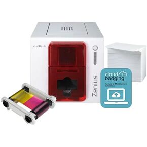 Evolis Zenius Expert ID Card Printer SingleSided -FireRed- ZN1H0000RS w/Evolis R5F002AAA Color Ribbon- YMCKO - 200 prints, Premium White Blank Plastic CR80 30 Mil PVC Cards 500 Pack,&CloudBadging Lite