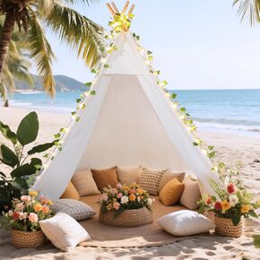 Kids Teepee Tent - 64" 100% Cotton Playhouse for Toddlers, Girls & Boys | Indoor/Outdoor Play Tent with LED Vine Lights, 3D Campfire & Stable Wood Poles Birthday Party | Reading Nook