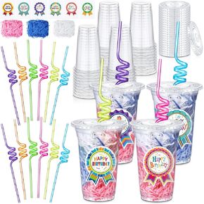 24 Set Creative Happy Birthday Gifts from Teacher Students Birthday Cups with Lids Colorful Straws Stickers and Raffia Disposable Plastic Cups for Reward Kids Prize Classroom Party Supplies