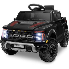 ENYOPRO 12V Licensed Ford F-150 Raptor Electric Car for Kids, Toddler Ride On Truck w/Remote Control, Kids Ride On Toys w/LED Lights, Bluetooth, Radio, Seat Belt, Soft Start, Rear Storage (White)