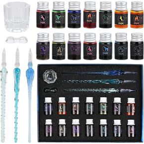 GOLDGE 19 Pieces Glass Dip Pen Ink Set, 3 Crystal Pen with 14 Colorful Inks and Holder, Glass Dip Pens for Art, Writing, Signatures, Calligraphy, Gift Cards, Poster Cards, Decoration