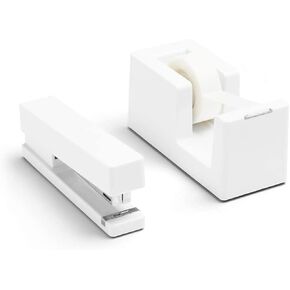 Poppin Dynamic Duo Stapler and Tape Dispenser Set - White, Staple Up to 20 Sheets of Paper, Solid Weighted Core Tape Dispenser, Matching Lengths for an Even Set-up