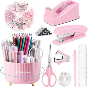 Pink Desk Accessories Office Supplies 360°Pen Holder Desk Organizers and Accessories with Tape Dispenser, Stapler, Staple Remover, 1000 Staples, Tape, Clips Set, Ruler, Scissor, Pen