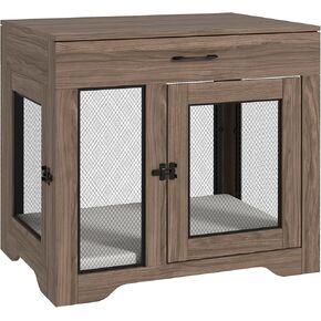 PawHut Dog Crate Furniture with Soft Water-Resistant Cushion, Dog Kennel End Table with Drawer, Puppy Crate for Small Dogs Indoor with 2 Doors, White