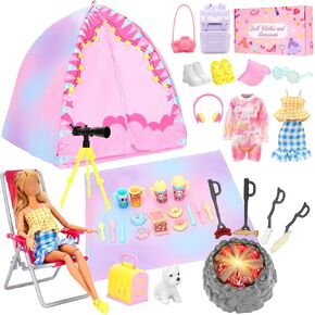 BARWA 35 Pcs Travel Camping Tent Set Include Doll Tent Casual Dress, Outfits, Campfire with Light, Telescope, Backpack, Placemat, Chair, Toy Dog Camping Playset for 11.5 Inch Girl Dolls for Kid