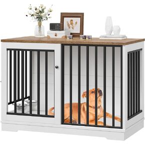 Dog Crate Furniture 47" Large Dog Kennel for Dogs Indoor, Heavy Duty Dog Cage with Sliding Door and 2 SUS Bowls Wooden End Table in Living Room for Small Medium Large Dogs, White