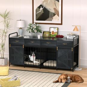 78.7" Extra Large Dog Crate Furniture Double Dog Kennel for 2 Dogs Heavy Duty Wood Dog Crate Wide Table TV Stand with Sliding Doors,Divider,4 Space Storage for Dog Necesities (Elegant Black)