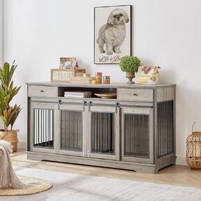 IchbinGo Large Dog Crate Furniture With Sliding Barn Door, 66.1" Wooden Kennel Indoor With Divider, TV Stand XXL for Large Dog or 2 Medium Dogs