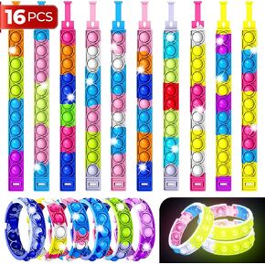 32 PCS Bracelets Glow in The Dark Pop it Fidget Toy, Rainbow Party Favors, Stress Relief Wristband Set, Push Bubbles Sensory Autistic Pack Kids Ages 5 8 12 Adult Student Gift