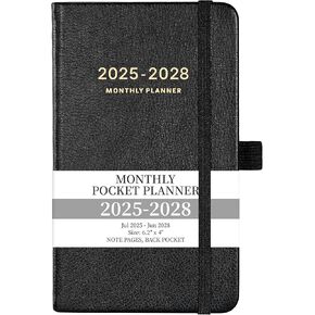 2025-2028 Pocket Planner - 3 Year Monthly Planner, Jul.2025 - Jun.2028, 6.2" x 4", 60 Note Pages, Contacts, Back Pocket - Black